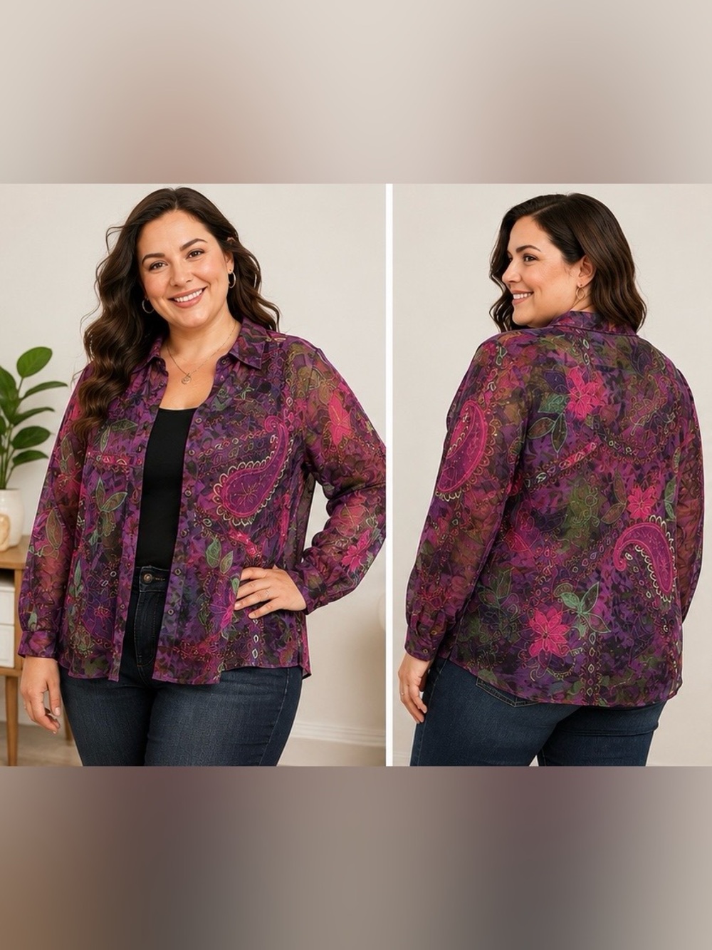 Units Purple Paisley Floral Sheer Button Front Blouse XL Boho Embroidered